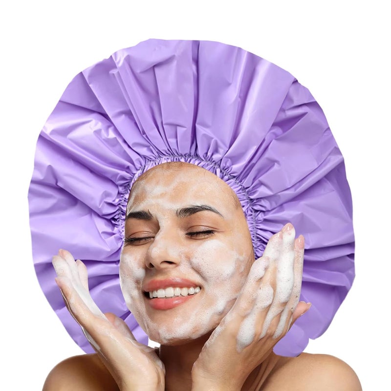 CHFONG Jumbo Size Shower Cap 2 PCS Waterproof Shower Caps for Women, Extra Large Shower Cap, Reusable Super Large Bath Caps Hair Cap for Long Thick Curly Hair, Locs, Twist Braids - Black + Purple - Image 2